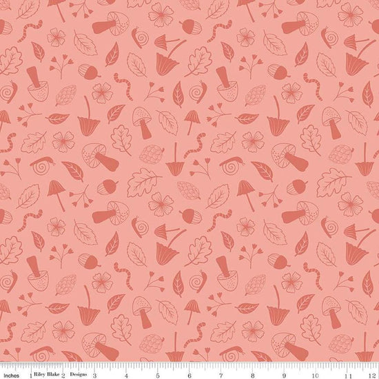 Image of the Forest Village Foraging Coral quilting cotton fabric by Little Forest Atelier for Riley Blake Designs. Features a mushrooms on a coral background. Cute Little Fabric Shop
