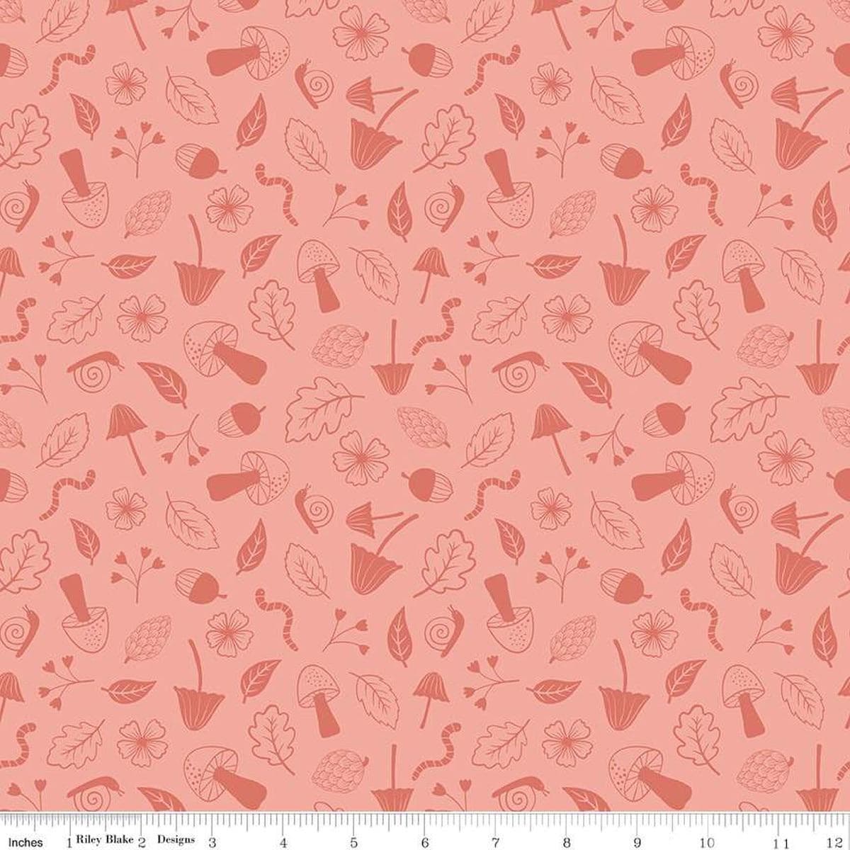 Image of the Forest Village Foraging Coral quilting cotton fabric by Little Forest Atelier for Riley Blake Designs. Features a mushrooms on a coral background. Cute Little Fabric Shop