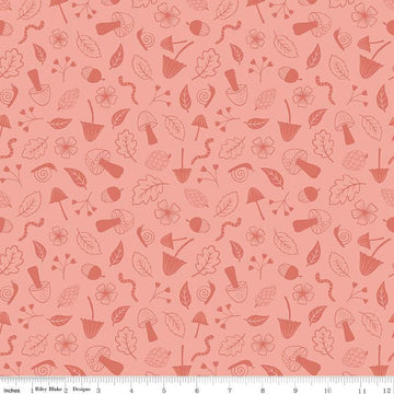 Image of the Forest Village Foraging Coral quilting cotton fabric by Little Forest Atelier for Riley Blake Designs. Features a mushrooms on a coral background. Cute Little Fabric Shop