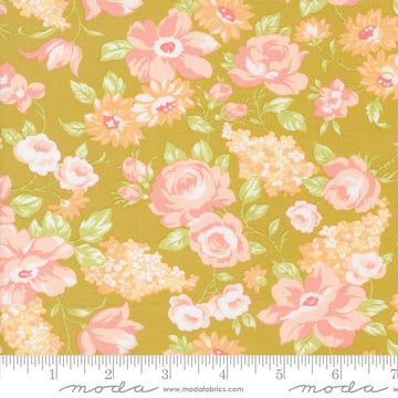 Image of the Portofino Florals Pineapple quilting cotton fabric by Fig Tree Co for Riley Blake Designs. Features flowers on a yellow background. Cute Little Fabric Shop