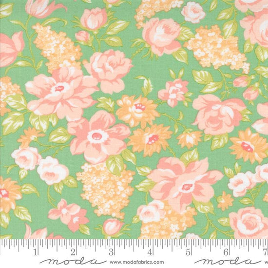 Image of the Portofino Florals Azure quilting cotton fabric by Fig Tree Co for Riley Blake Designs. Features flowers on a green background. Cute Little Fabric Shop