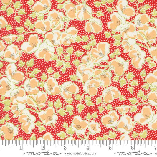 Image of the Portofino Florentine Pomegranate quilting cotton fabric by Fig Tree Co for Riley Blake Designs. Features flowers on a red background. Cute Little Fabric Shop