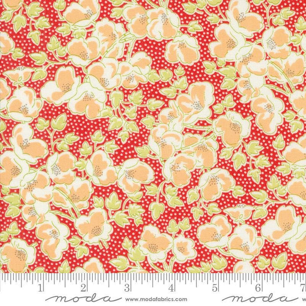 Image of the Portofino Florentine Pomegranate quilting cotton fabric by Fig Tree Co for Riley Blake Designs. Features flowers on a red background. Cute Little Fabric Shop