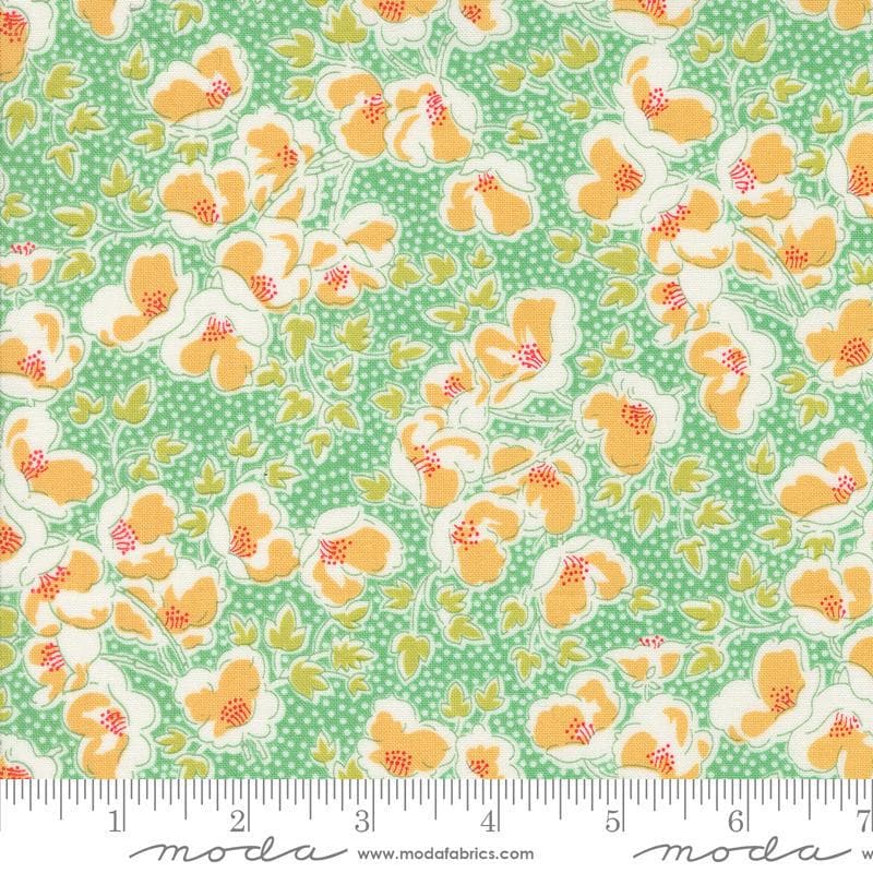 Image of the Portofino Florentine Azure quilting cotton fabric by Fig Tree Co for Riley Blake Designs. Features flowers on a green background. Cute Little Fabric Shop