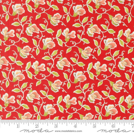 Image of the Portofino Sweet Pea Pomegranate quilting cotton fabric by Fig Tree Co for Riley Blake Designs. Features flowers on a red background. Cute Little Fabric Shop