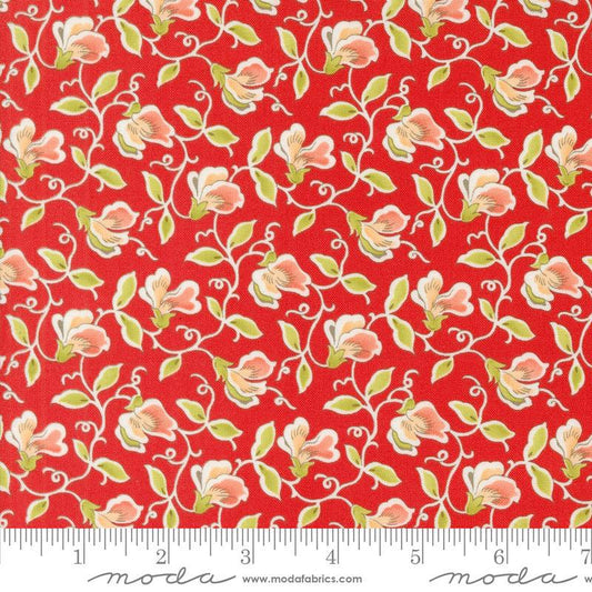 Image of the Portofino Sweet Pea Pomegranate quilting cotton fabric by Fig Tree Co for Riley Blake Designs. Features flowers on a red background. Cute Little Fabric Shop