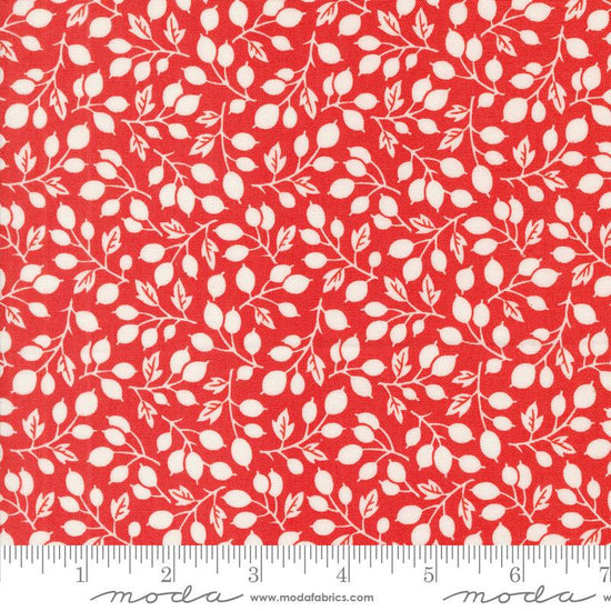 Image of the Portofino Branch Pomegranite quilting cotton fabric by Fig Tree Co for Riley Blake Designs. Features vines on a red background. Cute Little Fabric Shop