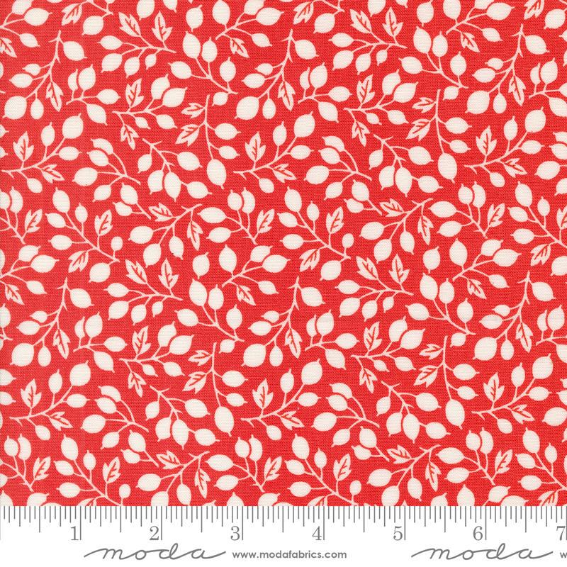 Image of the Portofino Branch Pomegranite quilting cotton fabric by Fig Tree Co for Riley Blake Designs. Features vines on a red background. Cute Little Fabric Shop