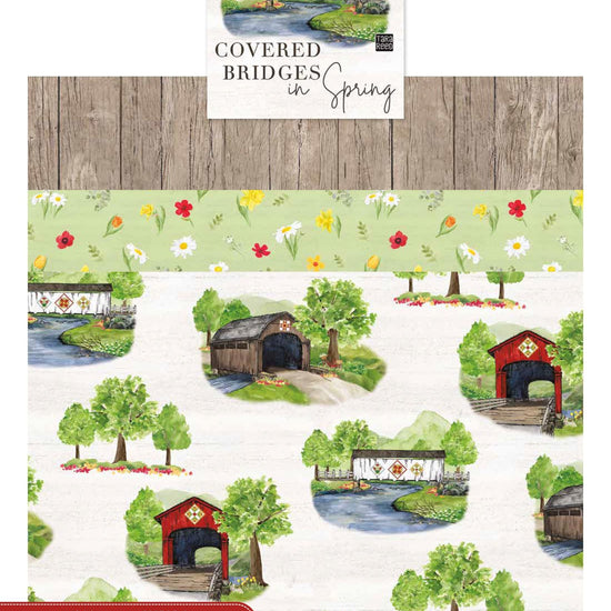 Image of the Covered Bridges in Spring storyboard with quilting cotton fabric by Tara Reed for Riley Blake Designs. Features covered bridges on many backgrounds. 
Cute Little Fabric Shop