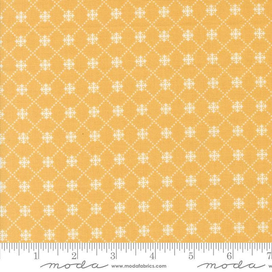 Image of the Portofino Crosses Golden Wheat quilting cotton fabric by Fig Tree Co for Riley Blake Designs. Features plaid lines on a yellow background. Cute Little Fabric Shop