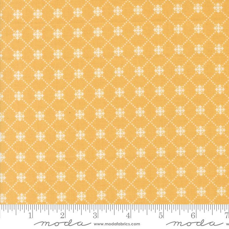 Image of the Portofino Crosses Golden Wheat quilting cotton fabric by Fig Tree Co for Riley Blake Designs. Features plaid lines on a yellow background. Cute Little Fabric Shop
