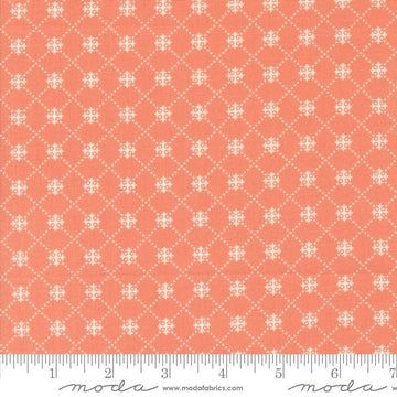 Image of the Portofino Crosses Gelato quilting cotton fabric by Fig Tree Co for Riley Blake Designs. Features plaid lines on a coral background. Cute Little Fabric Shop