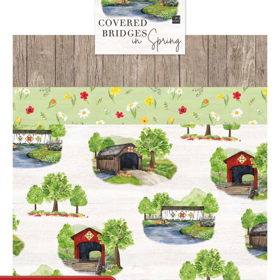 Image of the Covered Bridges in Spring storyboard with quilting cotton fabric by Tara Reed for Riley Blake Designs. Features covered bridges on many backgrounds. 
Cute Little Fabric Shop