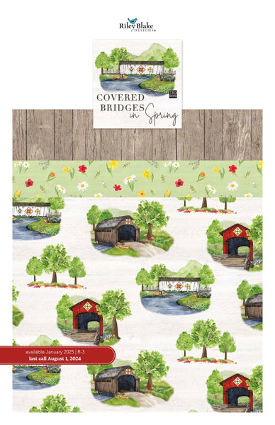 Image of the Covered Bridges in Spring storyboard with quilting cotton fabric by Tara Reed for Riley Blake Designs. Features covered bridges on many backgrounds. 
Cute Little Fabric Shop