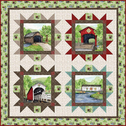 Image of the Bridges Tour Quilt Boxed Kit by Tara Reed for Riley Blake Designs. Features four large quilt squares on a quilt. 
Cute Little Fabric Shop