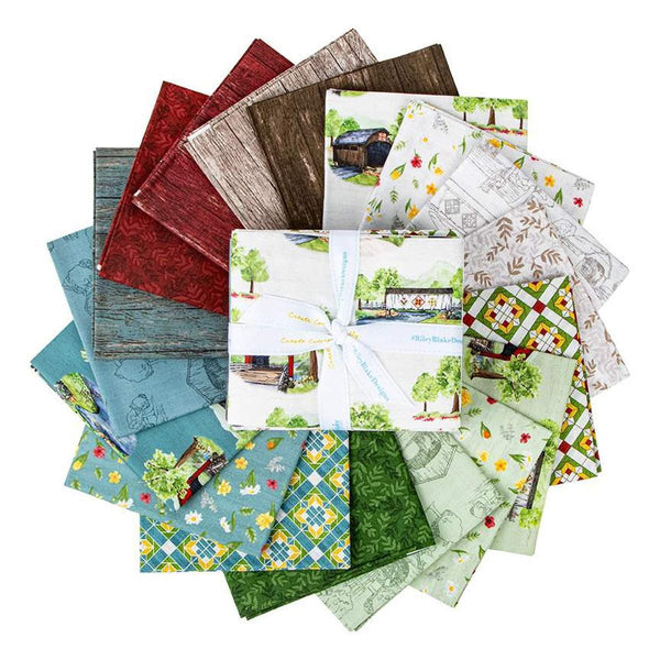 Image of the Covered Bridges in Spring Fat Quarter Bundle with quilting cotton fabric by Tara Reed for Riley Blake Designs. Features covered bridges on many backgrounds. 
Cute Little Fabric Shop