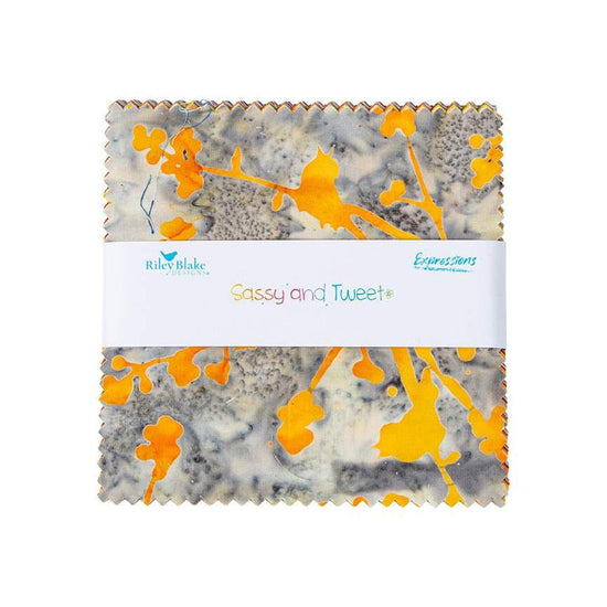 Image of the Expressions Batiks Sassy and Tweet 5 inch stacker by Riley Blake Designs. Features bird themed fabrics. 
Cute Little Fabric Shop