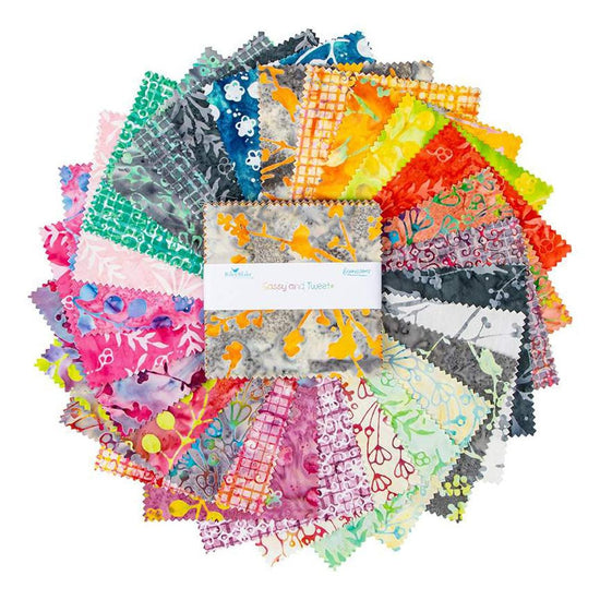 Image of the Expressions Batiks Sassy and Tweet 5 inch stacker by Riley Blake Designs. Features bird themed fabrics. 
Cute Little Fabric Shop