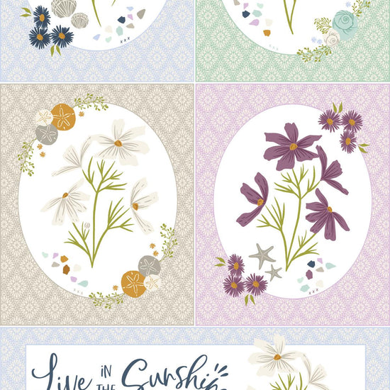 Image of the Seaglass Summer Oyster panel by Sweetfire Road for Moda Fabrics. Features flowers and a quote on various backgrounds. 
Cute Little Fabric Shop