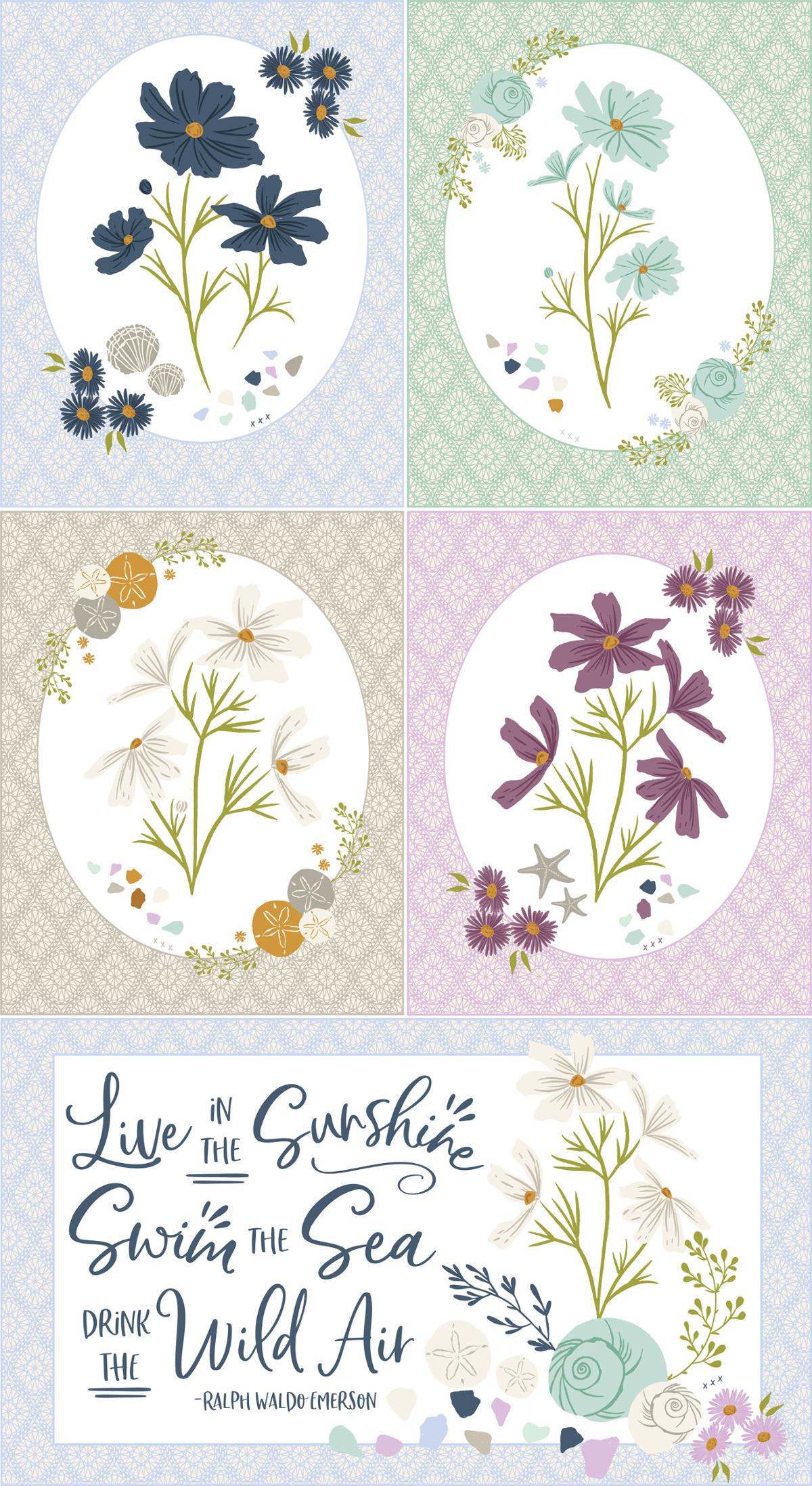 Image of the Seaglass Summer Oyster panel by Sweetfire Road for Moda Fabrics. Features flowers and a quote on various backgrounds. 
Cute Little Fabric Shop