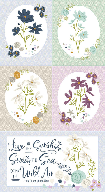 Image of the Seaglass Summer Oyster panel by Sweetfire Road for Moda Fabrics. Features flowers and a quote on various backgrounds. 
Cute Little Fabric Shop