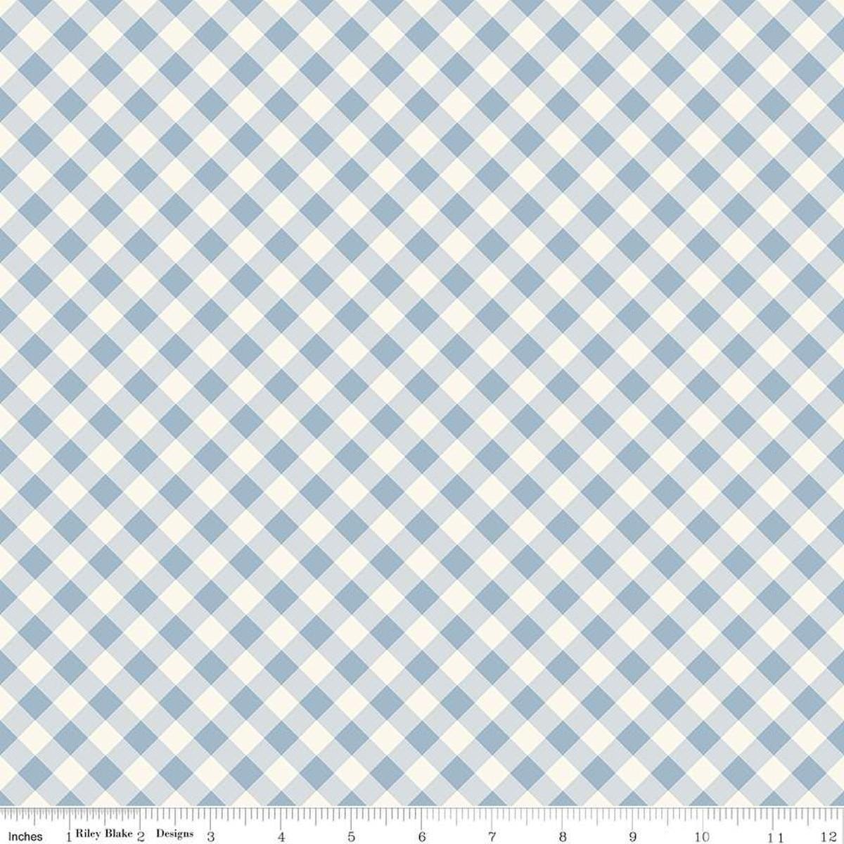 Image of the Freedom Garden Gingham Sky quilting cotton fabric by My Mind's Eye for Riley Blake Designs. Features gingham on blue background. Cute Little Fabric Shop