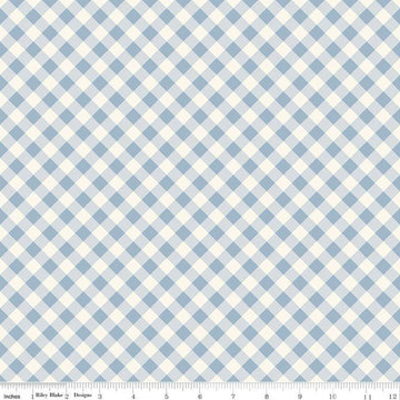 Image of the Freedom Garden Gingham Sky quilting cotton fabric by My Mind's Eye for Riley Blake Designs. Features gingham on blue background. Cute Little Fabric Shop