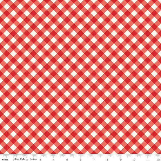 Image of the Freedom Garden Gingham Red quilting cotton fabric by My Mind's Eye for Riley Blake Designs. Features gingham on red background. Cute Little Fabric Shop