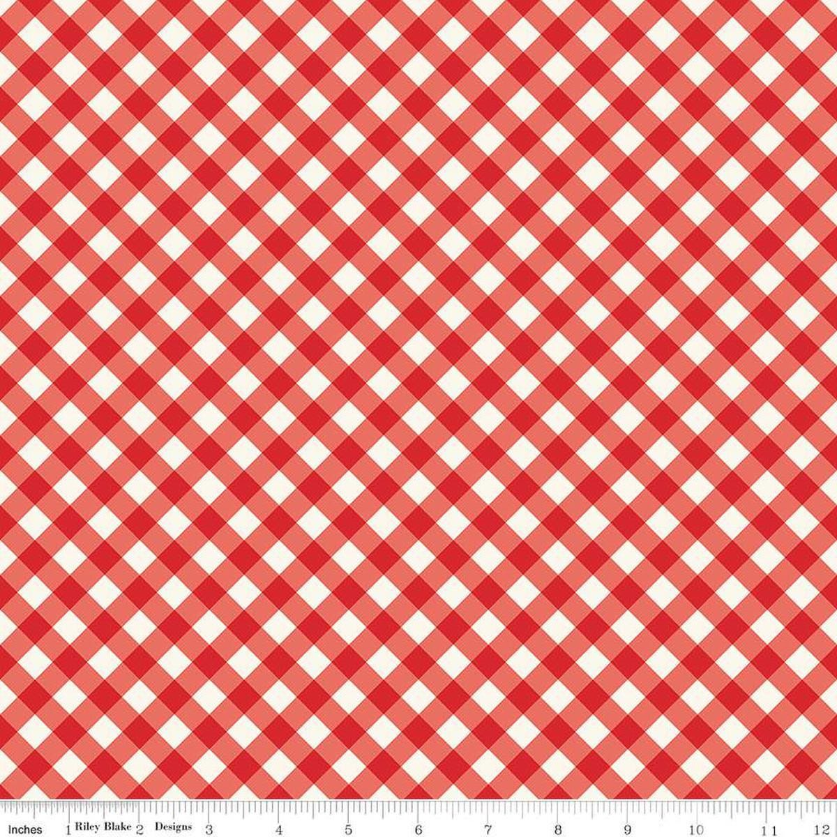 Image of the Freedom Garden Gingham Red quilting cotton fabric by My Mind's Eye for Riley Blake Designs. Features gingham on red background. Cute Little Fabric Shop