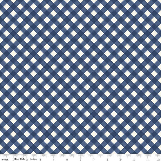Image of the Freedom Garden Gingham Blue quilting cotton fabric by My Mind's Eye for Riley Blake Designs. Features gingham on blue background. Cute Little Fabric Shop