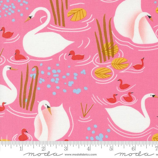 Image of the Love Letter Swans Pink quilting cotton fabric by Lizzy House for Moda Fabrics. Features swans on a pink background. Cure Little Fabric Shop