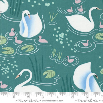 Image of the Love Letter Swans Pond quilting cotton fabric by Lizzy House for Moda Fabrics. Features swans on a teal background. Cure Little Fabric Shop