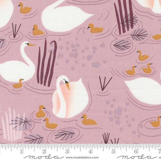 Image of the Love Letter Swans Mauve quilting cotton fabric by Lizzy House for Moda Fabrics. Features swans on a purple background. Cure Little Fabric Shop