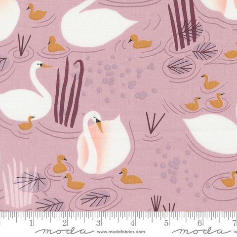 Image of the Love Letter Swans Mauve quilting cotton fabric by Lizzy House for Moda Fabrics. Features swans on a purple background. Cure Little Fabric Shop