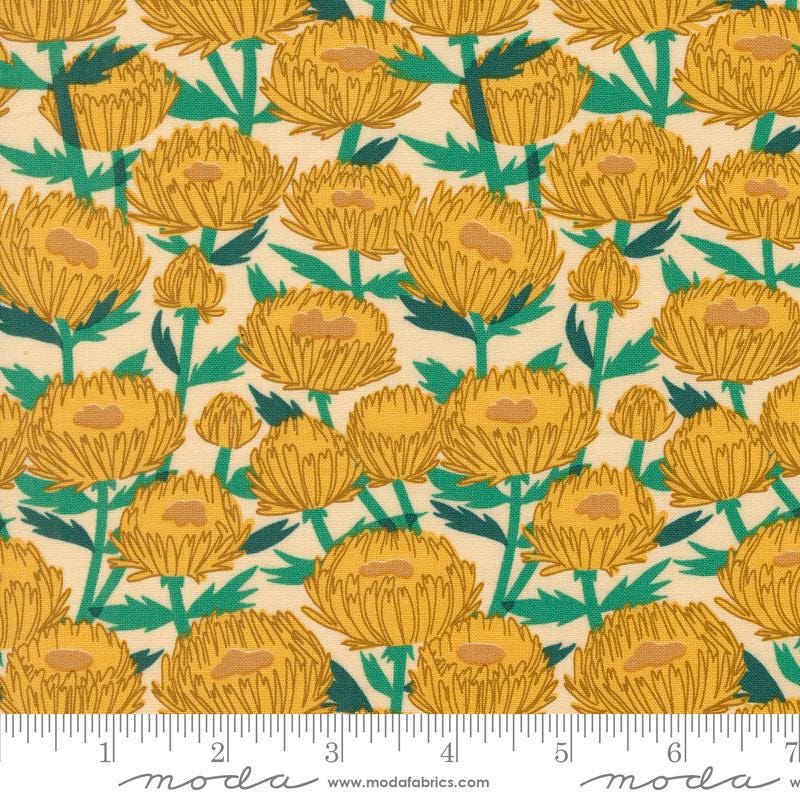 Image of the Love Letter Florals Sand quilting cotton fabric by Lizzy House for Moda Fabrics. Features swans on a yellow background. Cure Little Fabric Shop