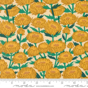 Image of the Love Letter Florals Sand quilting cotton fabric by Lizzy House for Moda Fabrics. Features swans on a yellow background. Cure Little Fabric Shop