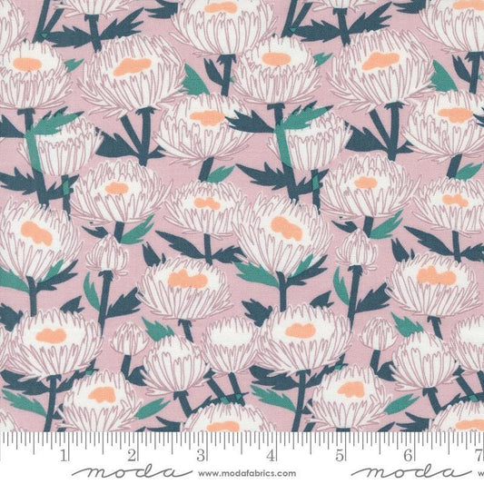 Image of the Love Letter Florals Mauve quilting cotton fabric by Lizzy House for Moda Fabrics. Features swans on a pink background. Cure Little Fabric Shop