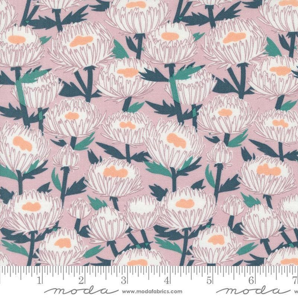 Image of the Love Letter Florals Mauve quilting cotton fabric by Lizzy House for Moda Fabrics. Features swans on a pink background. Cure Little Fabric Shop