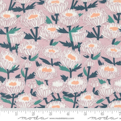 Image of the Love Letter Florals Mauve quilting cotton fabric by Lizzy House for Moda Fabrics. Features swans on a pink background. Cure Little Fabric Shop