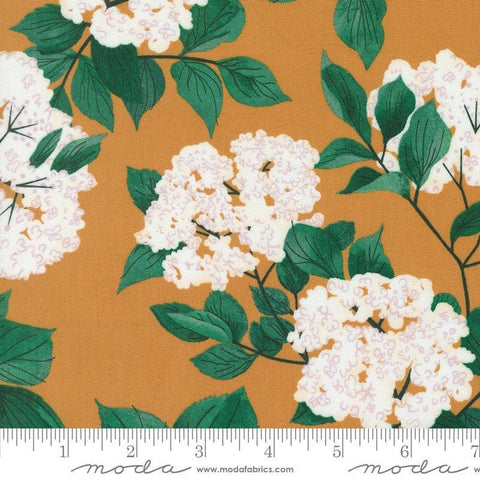 Image of the Love Letter Blossoms Amber quilting cotton fabric by Lizzy House for Moda Fabrics. Features large flowers on a gold background. Cure Little Fabric Shop