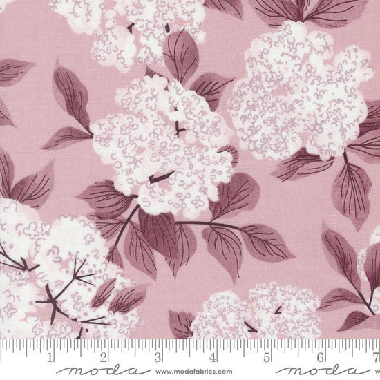 Image of the Love Letter Blossoms Mauve quilting cotton fabric by Lizzy House for Moda Fabrics. Features large flowers on a pink background. Cure Little Fabric Shop