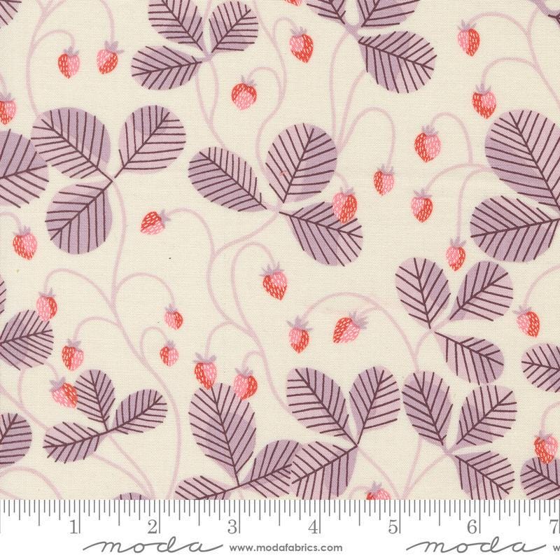 Image of the Love Letter Strawberry Eggshell quilting cotton fabric by Lizzy House for Moda Fabrics. Features strawberries on a cream background. Cure Little Fabric Shop