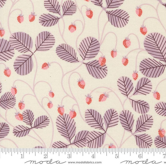 Image of the Love Letter Strawberry Eggshell quilting cotton fabric by Lizzy House for Moda Fabrics. Features strawberries on a cream background. Cure Little Fabric Shop