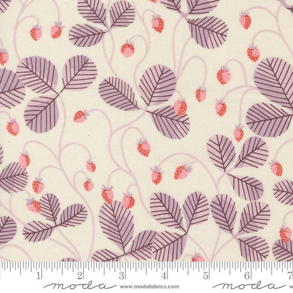 Image of the Love Letter Strawberry Eggshell quilting cotton fabric by Lizzy House for Moda Fabrics. Features strawberries on a cream background. Cure Little Fabric Shop