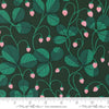 Image of the Love Letter Strawberry Hunter quilting cotton fabric by Lizzy House for Moda Fabrics. Features strawberries on a green background. Cure Little Fabric Shop
