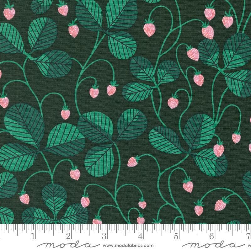 Image of the Love Letter Strawberry Hunter quilting cotton fabric by Lizzy House for Moda Fabrics. Features strawberries on a green background. Cure Little Fabric Shop