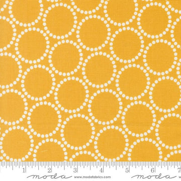 Image of the Love Letter Dots Golden quilting cotton fabric by Lizzy House for Moda Fabrics. Features dotted circles on a yellow background. Cure Little Fabric Shop