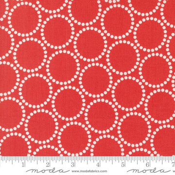 Image of the Love Letter Dots Red quilting cotton fabric by Lizzy House for Moda Fabrics. Features dotted circles on a red background. Cure Little Fabric Shop