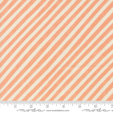 Image of the Love Letter Stripes Peach quilting cotton fabric by Lizzy House for Moda Fabrics. Features diagonal stripes on a coral background. Cure Little Fabric Shop