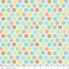 Image of the Pretty Kitty™ Yarn Dots Blue quilting cotton fabric by Doodlebug Design Inc for Riley Blake Designs. Features balls of yarn on a teal background. Cute Little Fabric Shop